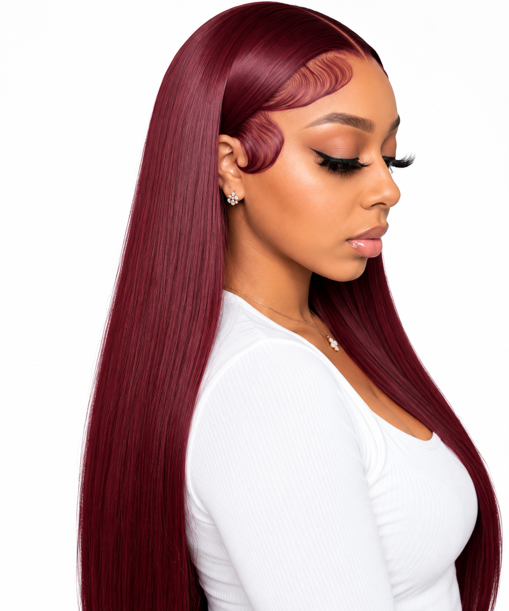 Burgundy straight wig side view