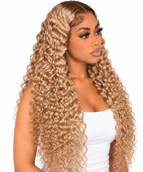 Blonde Burmese Curly wig side view