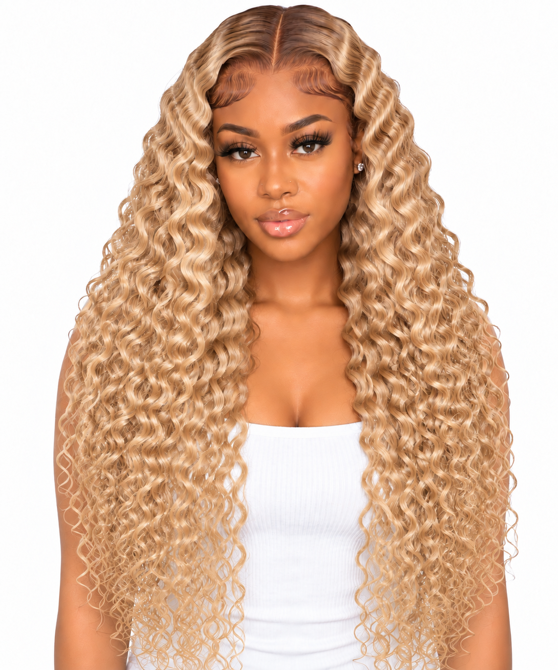 Blonde Burmese Curly wig front view