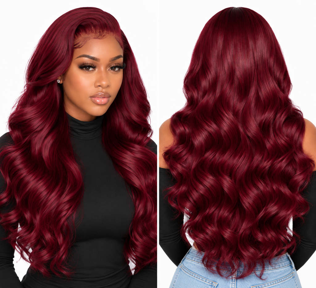 Younee Hair Burgundy Body Wave Wig front and back views