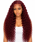 Burgundy Burmese curly wig front view