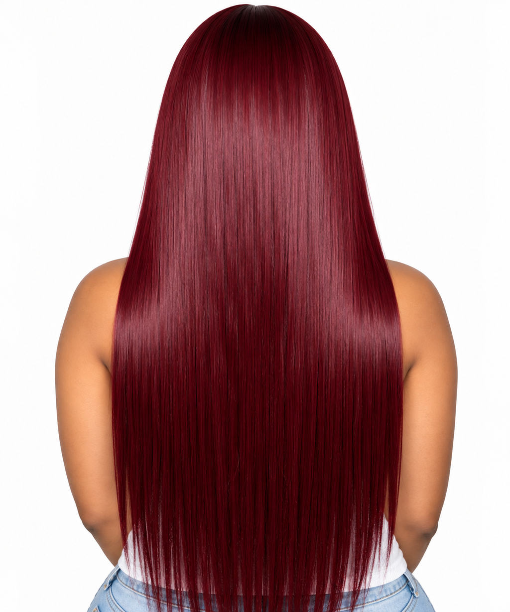 Burgundy straight wig back view