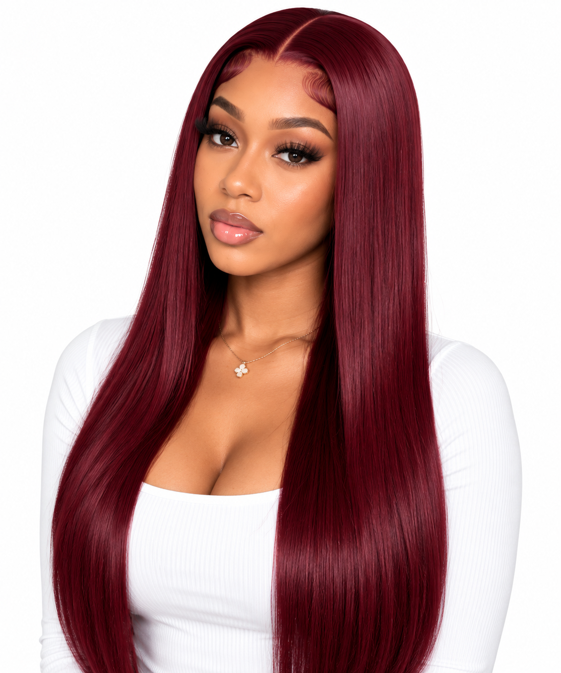 Burgundy straight wig front view