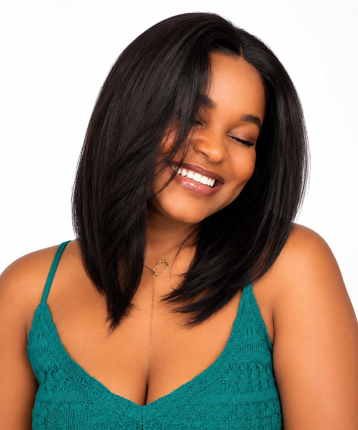 Natural Black Layered Straight Human Hair Wig lifestyle view