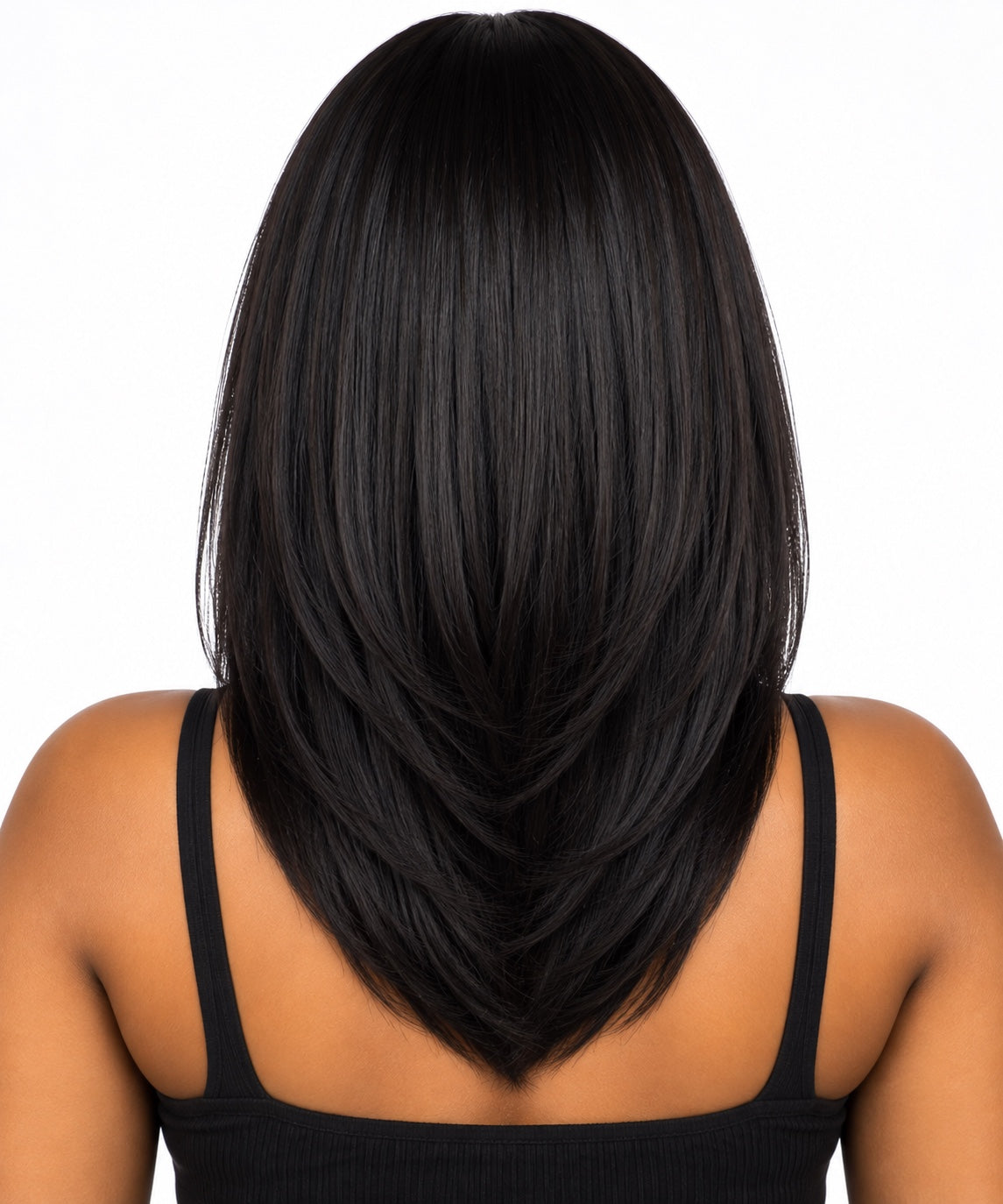 Natural Black Layered Straight Human Hair Wig back view