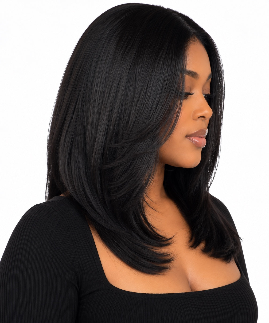 Natural Black Layered Straight Human Hair Wig side view