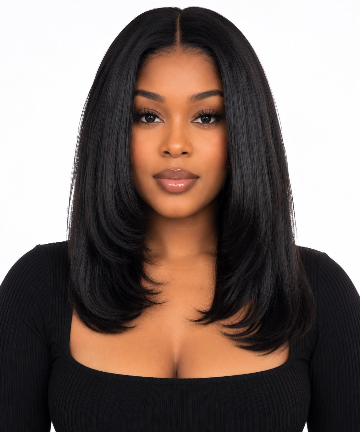 Natural Black Layered Straight Human Hair Wig front view