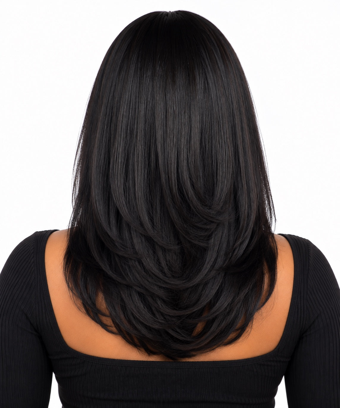 Natural Black Layered Straight Human Hair Wig layered back view